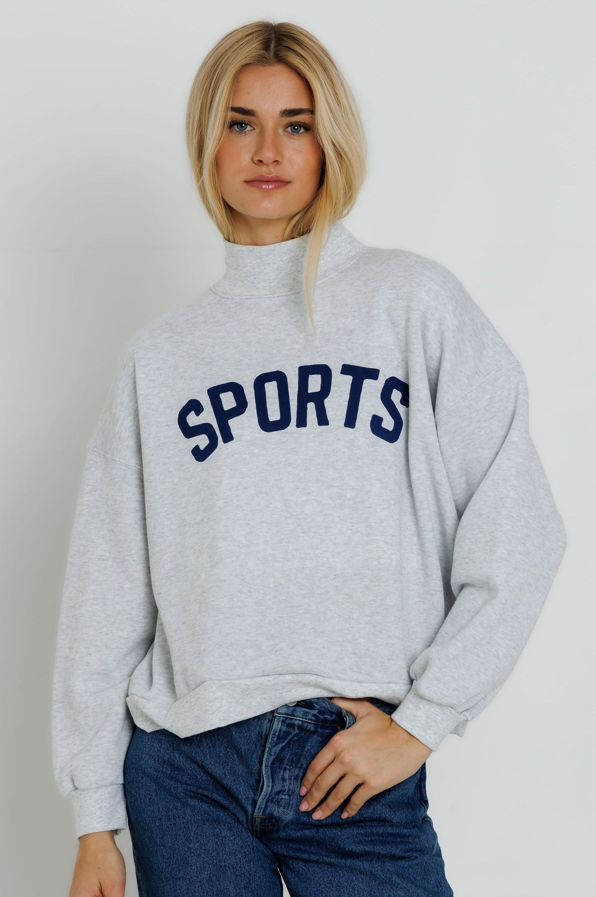 Sunny Somewhere Navy Sports Mockneck relaxed oversized silhouette with dropped shoulders and soft mock neckline western fashion cowgirl