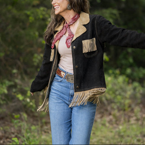 STS Womens Ponderosa Jacket STS6143 genuine leather Boltranchstore.com Free Shipping brown tan fringe suede cowboy western jacket fashion