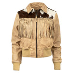 STS Ranch Womens Lettie Palomino palomino full grain leather bomber jacket with cowhide accents and fringe womens western boutique Utah SKU STS6242