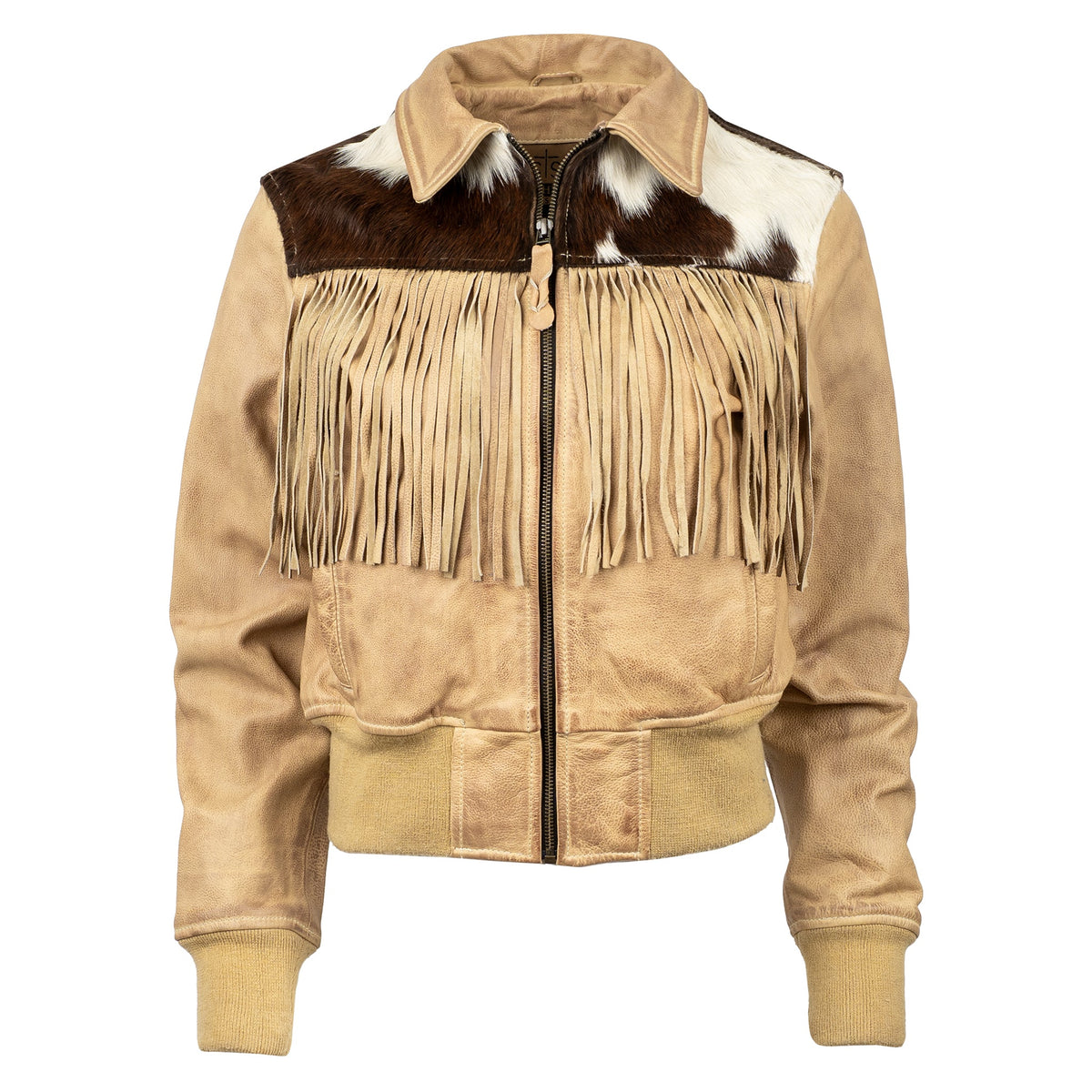 STS Ranch Womens Lettie Palomino palomino full grain leather bomber jacket with cowhide accents and fringe womens western boutique Utah SKU STS6242