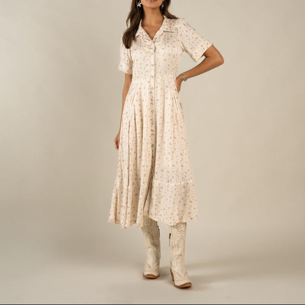 Sendero La Dahlia Dress Antique White at boltranchstore.com with free shipping womens summer or spring dress floral dress modest dress pearl snap button down dress 