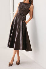 Womens western fashion Dark Truffle Faux Leather Midi Dress with matching belt and sleeveless top