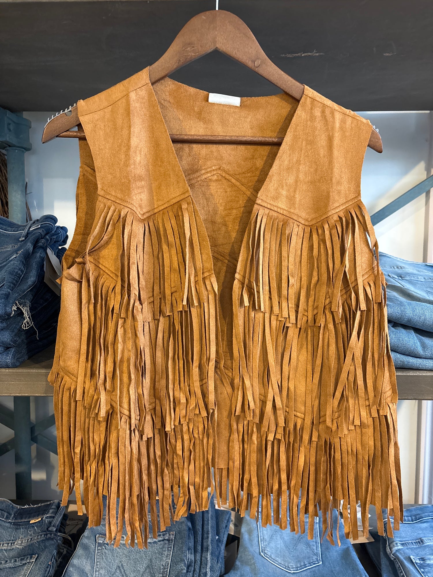 Sadie Vocal Suede Chevron Fringe Vest womens  western suede vest western fashion Boltranchstore.com Free Shipping womens camel country music concert outfit inspo 