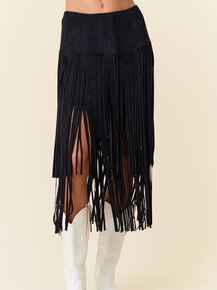 Saints and Hearts Western tiered faux suede fringe midi skirt with side zipper western fashion Boltranchstore.com free shipping