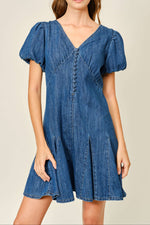 Sally Puff Sleeve Denim Mini Dress shop at boltranchstore.com western boutique free shipping v neck dress denim short dress button 