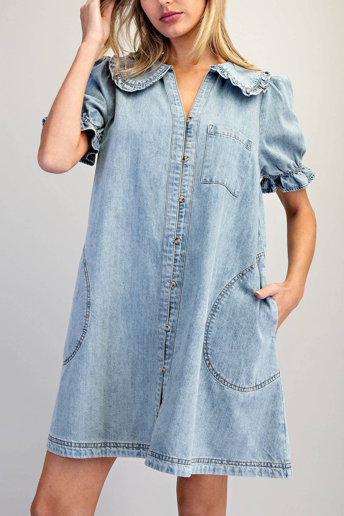 Sally Snow Washed Denim Mini Dress womens short denim light wash dress pockets collar Boltranchstore.com free shipping
