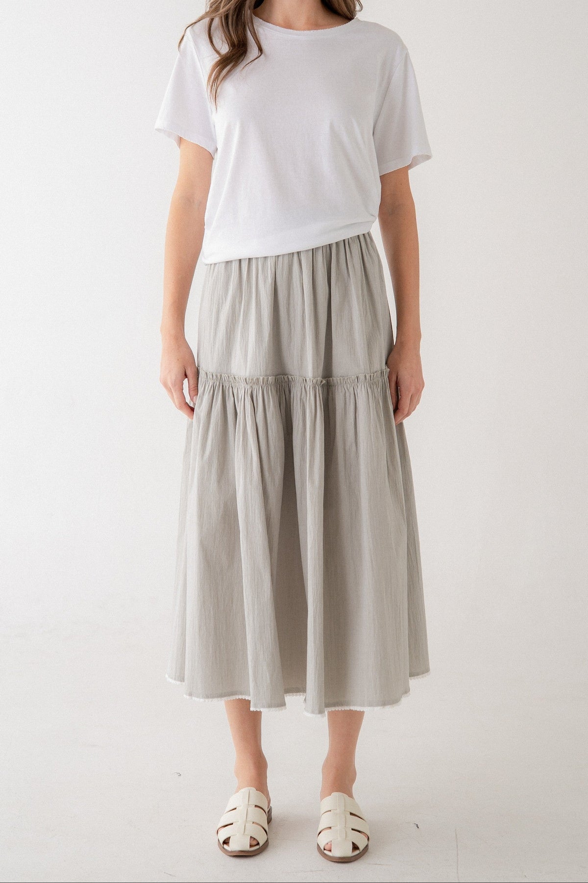 Sally Tiered Midi Skirt Elastic Waist shop at boltranchstore.com free shipping womens casual skirt gathered 