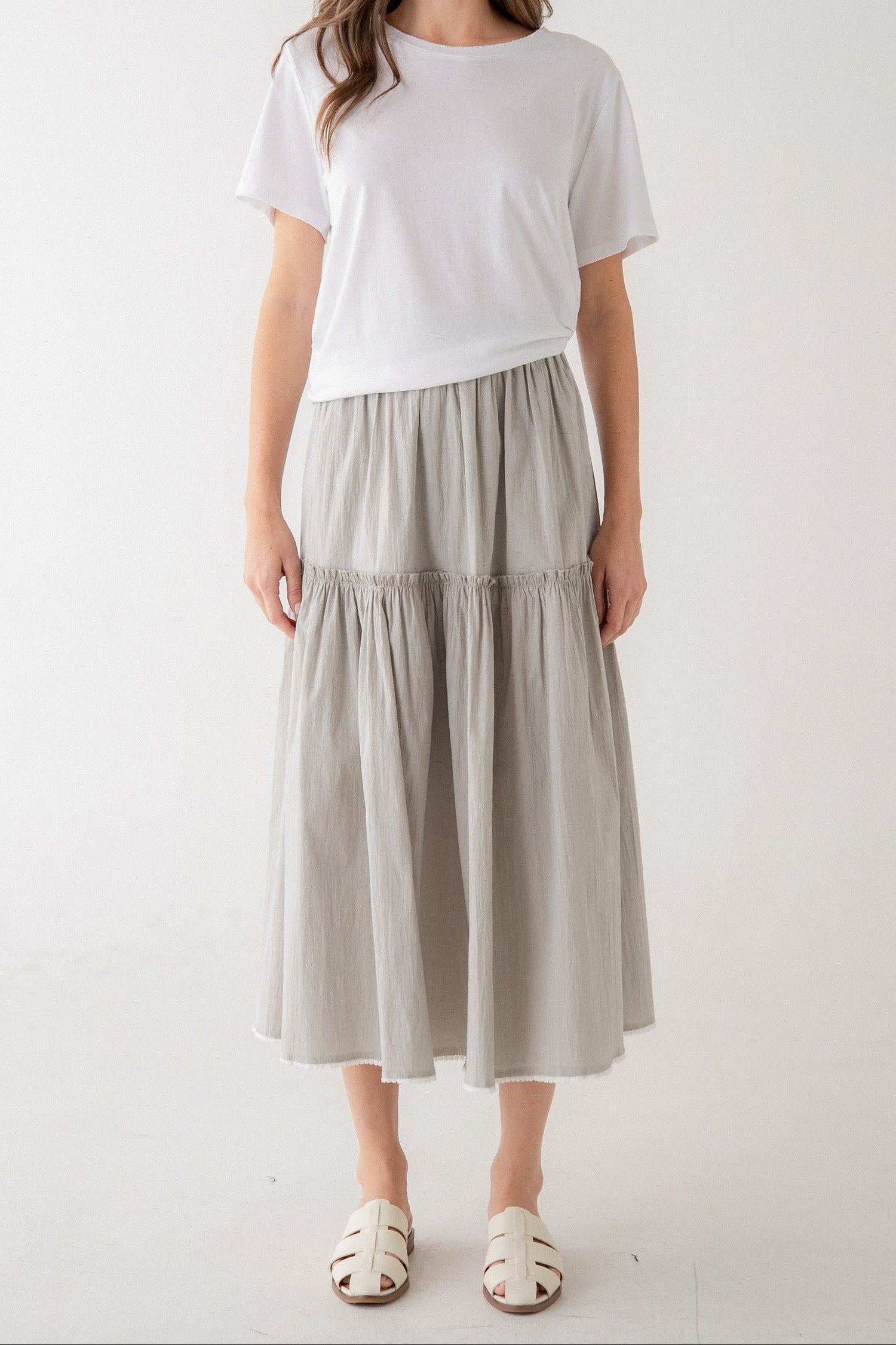 Sally Tiered Midi Skirt Elastic Waist shop at boltranchstore.com free shipping