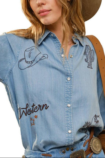 Sally Western Embroidered Snap Shirt womens western wear bolt ranch store denim pearl snap womens shirt with western embroidered cowboy hat cactus horse 