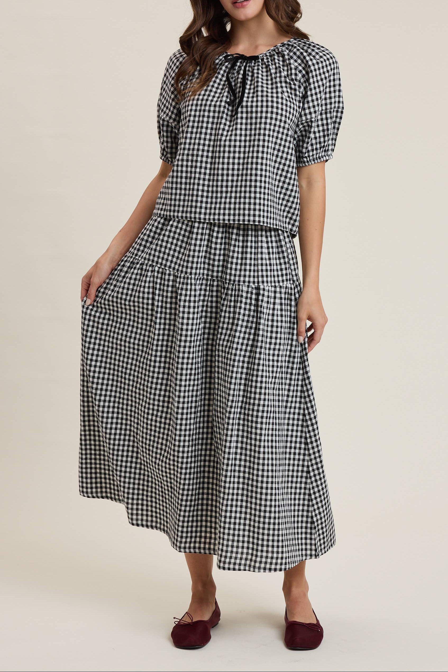 Womans black and white checkered Shirt and top Set. Sam Gingham Top and Skirt Set in stock at bolt ranch store in Kamas Utah womens western boutique Utah 