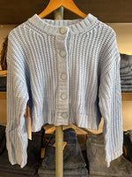 Sammy Chunky Knit Button Front Cardigan at boltRANCHSTORE.COM in stock free shipping A light blue ribbed knit cardigan sweater with a button-up front