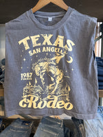 San Angelo Rodeo Boxy Muscle Top a short sleeve top with a off white graphic print perfect for the sun at a rodeo western womens and western girls wear at boltranchstore.com