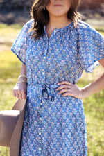 Womens belted floral blue button down flutter sleeve popular women dress summer spring at Boltranchstore.com