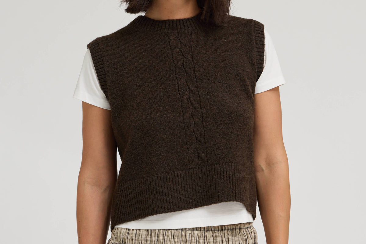 Sasha Center Cable Knit Vest soft sweater cable down the front open with buttons in back wear alone or with a tee shirt bolt ranch store