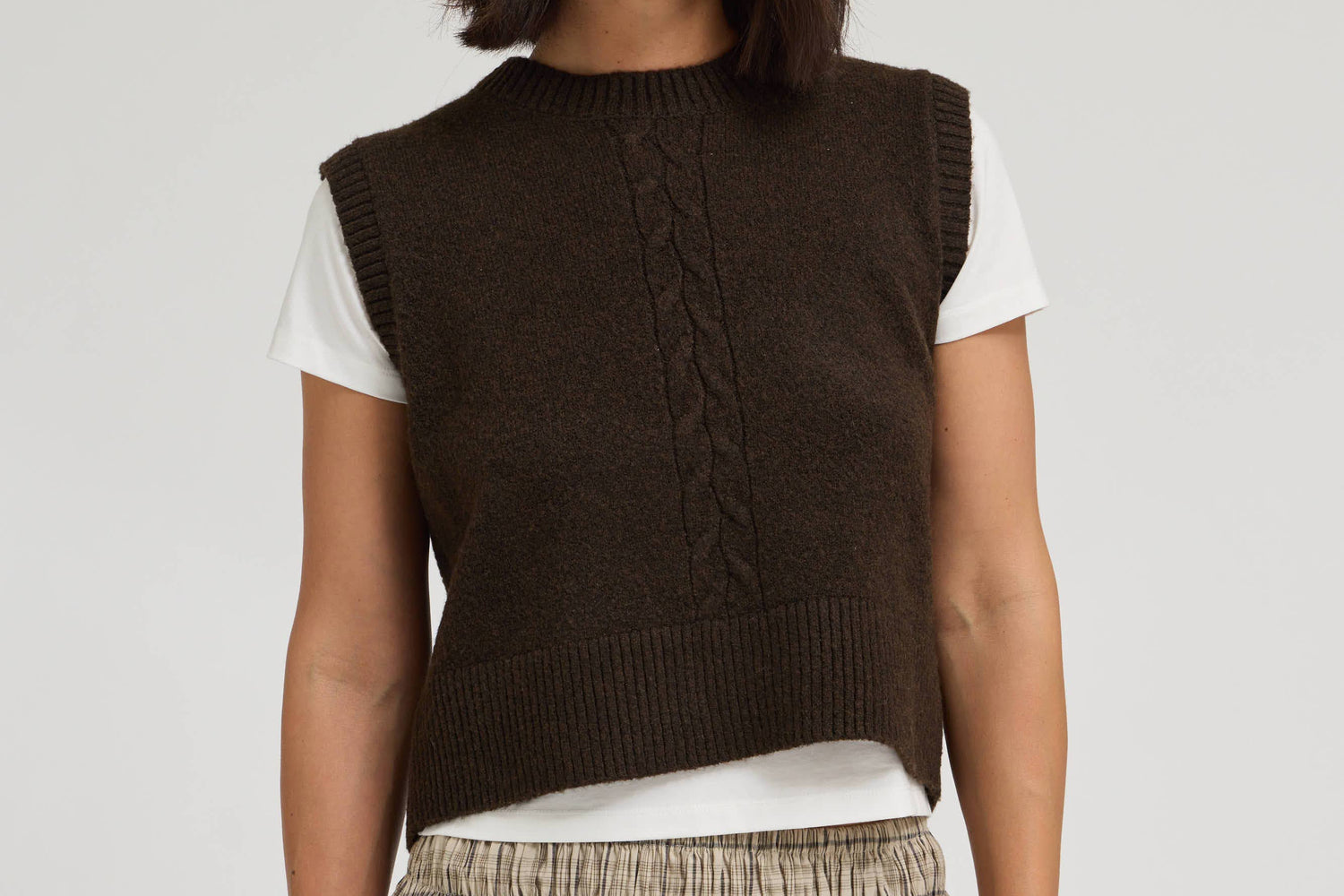 Sasha Center Cable Knit Vest soft sweater cable down the front open with buttons in back wear alone or with a tee shirt bolt ranch store