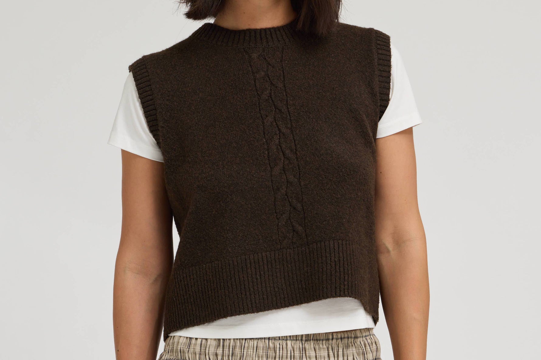 Sasha Center Cable Knit Vest soft sweater cable down the front open with buttons in back wear alone or with a tee shirt bolt ranch store