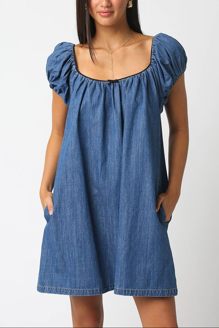 Sasha Denim Babydoll Dress womens short dress summer cute Boltranchstore.com free shipping Olivaceous denim blue dress western outfit with Boots