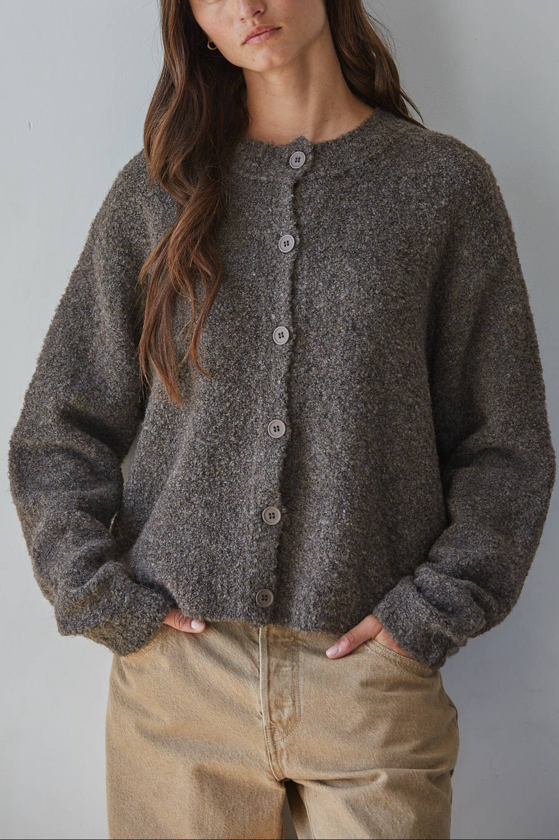 cozy comfortable long sleeve button down womens cardigan sasha sweater in a multi brown color from By Together sold nearby at Bolt Ranch Store