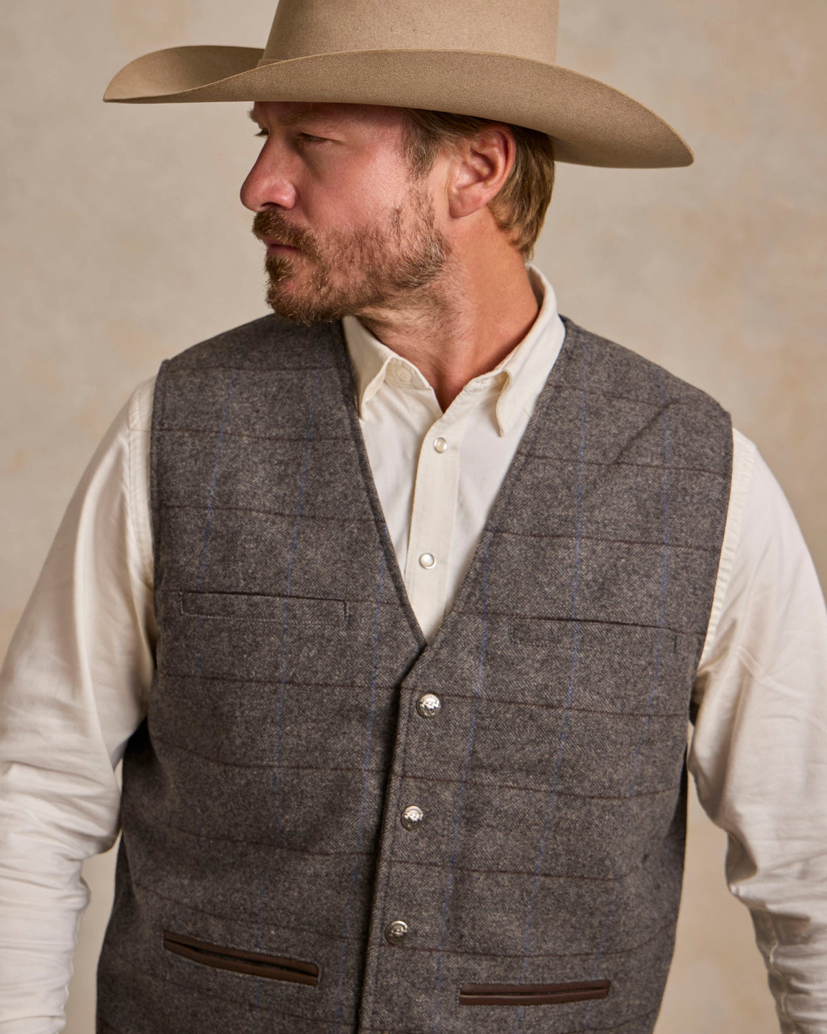 Schaefer McAllin Wool Vest at heather gray in a snap up front with front pockets at boltranchstore.com