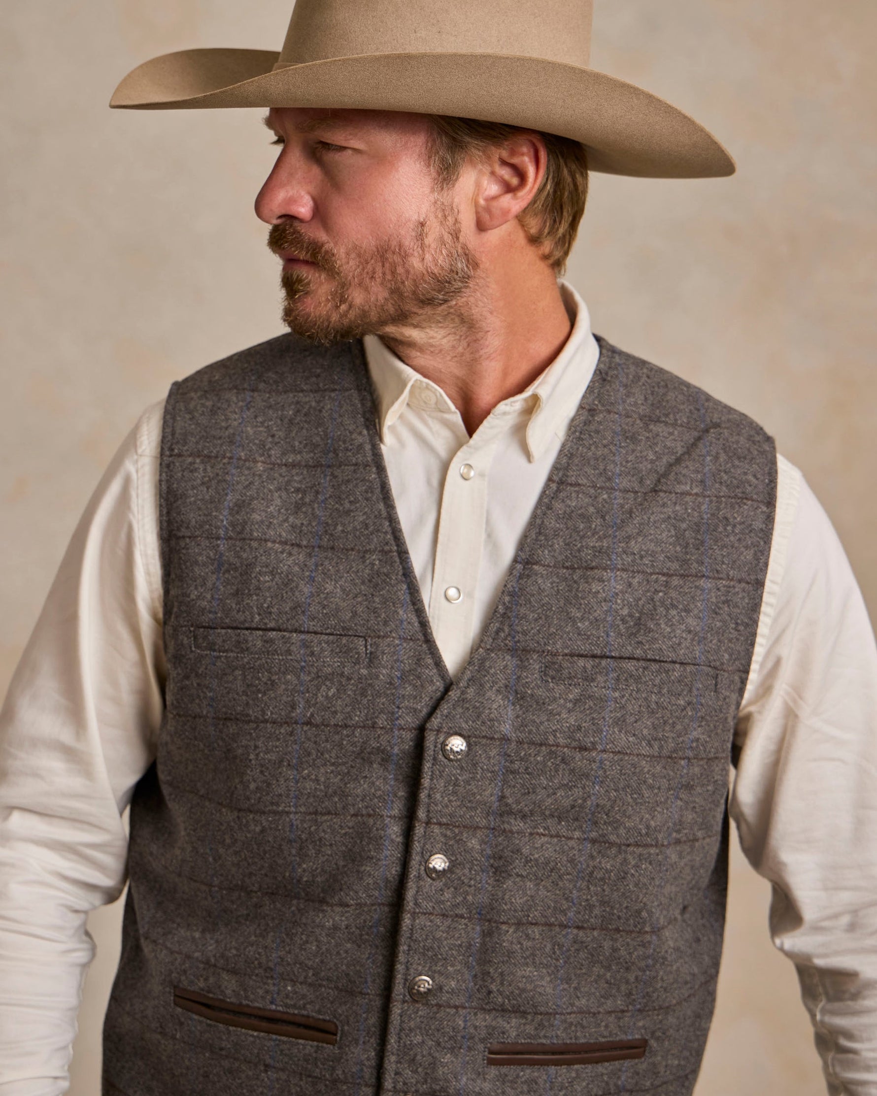 Schaefer McAllin Wool Vest at heather gray in a snap up front with front pockets at boltranchstore.com