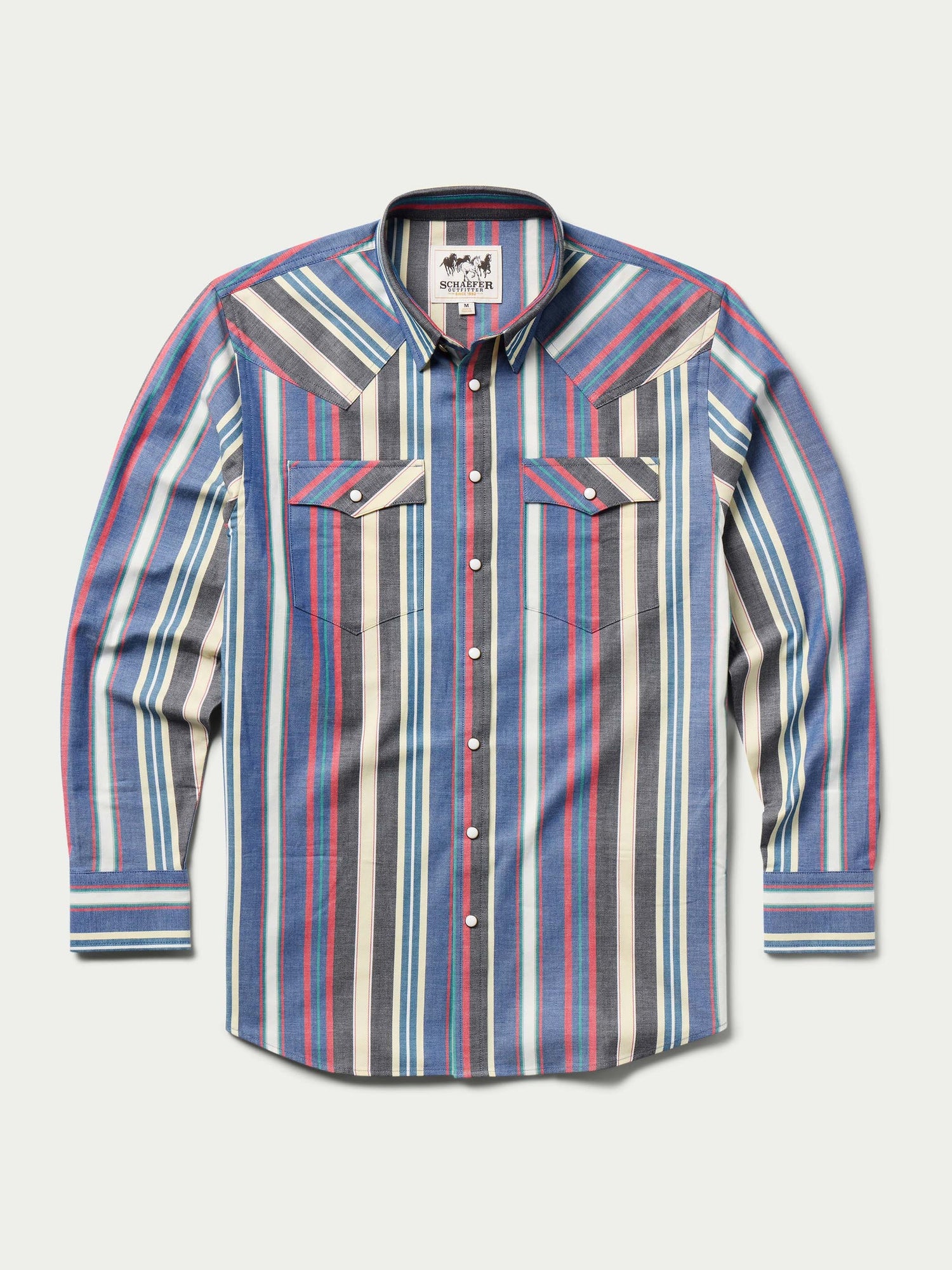 Schaefer Western Stretch Shirt in Montrose inspired by 1980s Rodeo-Style Shirts snap front chest pockets in a blue vintage red vintage black and cream at boltranchstore.com
