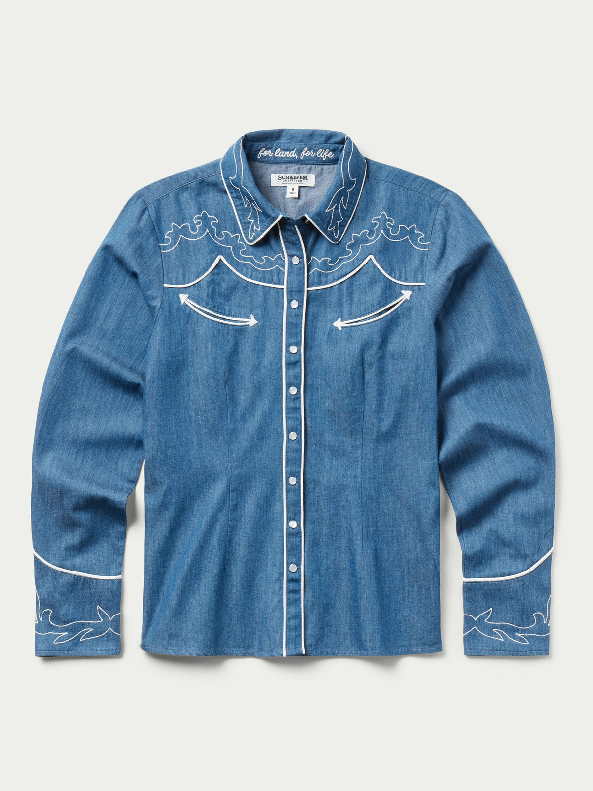 Schaefer Womens Embroidered Dale Shirt button up front, two smile embroidered pockets and embroidered detail on the cuff The perfect western shirt Free shipping at boltranchstore