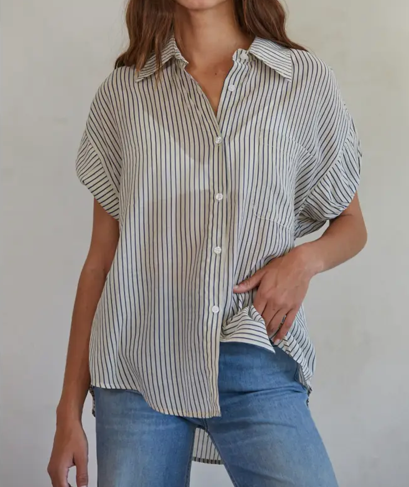Striped Womens Button Down Short Sleeve Top