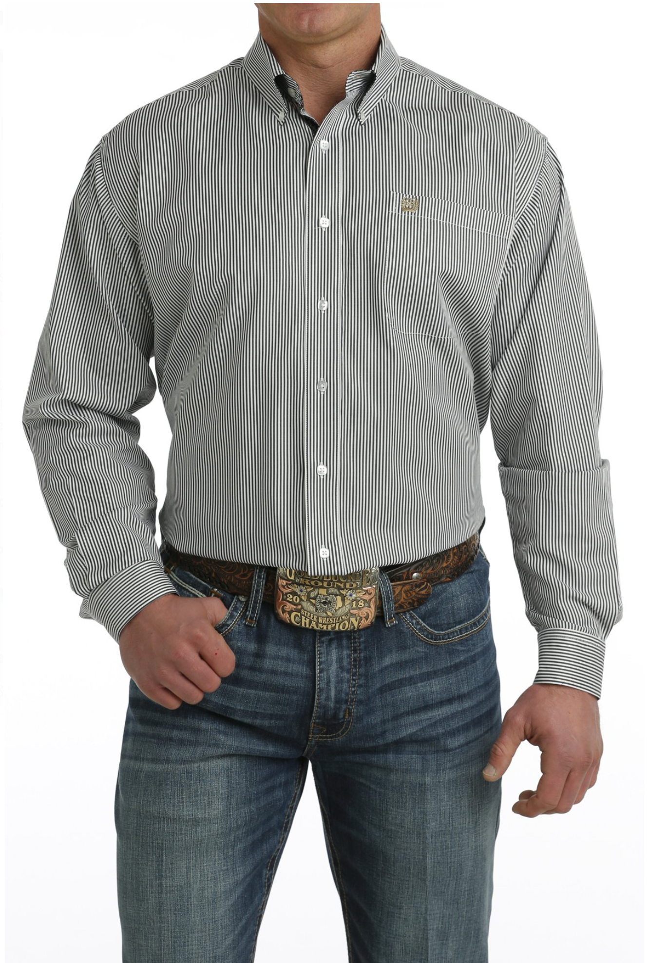 Cinch Mens LS Stripe Tencel Button Down