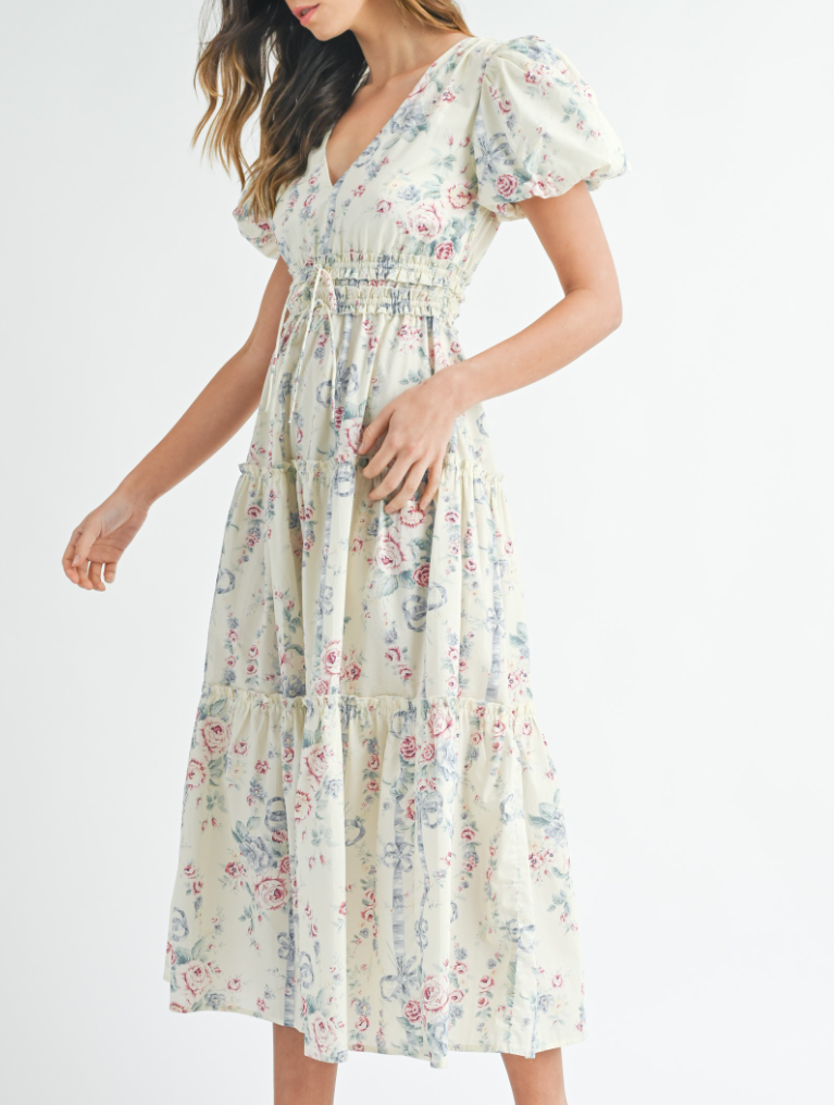 Floral Print Puff Sleeve Midi Dress
