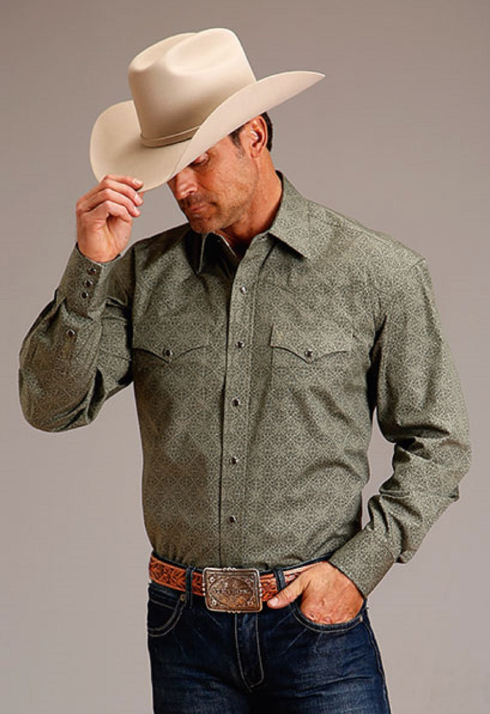 Stetson Mens L/S Snap 2 pkt Print Shirt - Tonal Tile Green