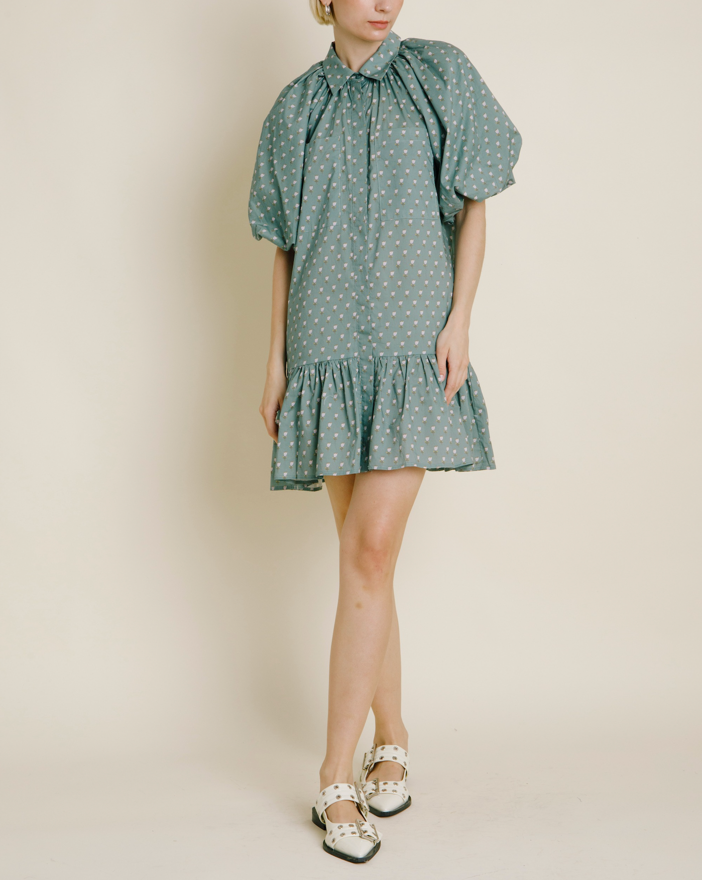 Floral Drop Waist Shirt Dress - Green