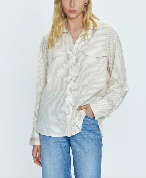 Nellie Oversized Shirt in Tan Pinstripe