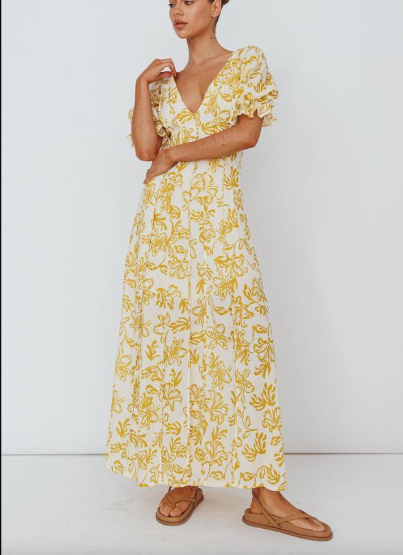 V Neck Floral Print Maxi Dress