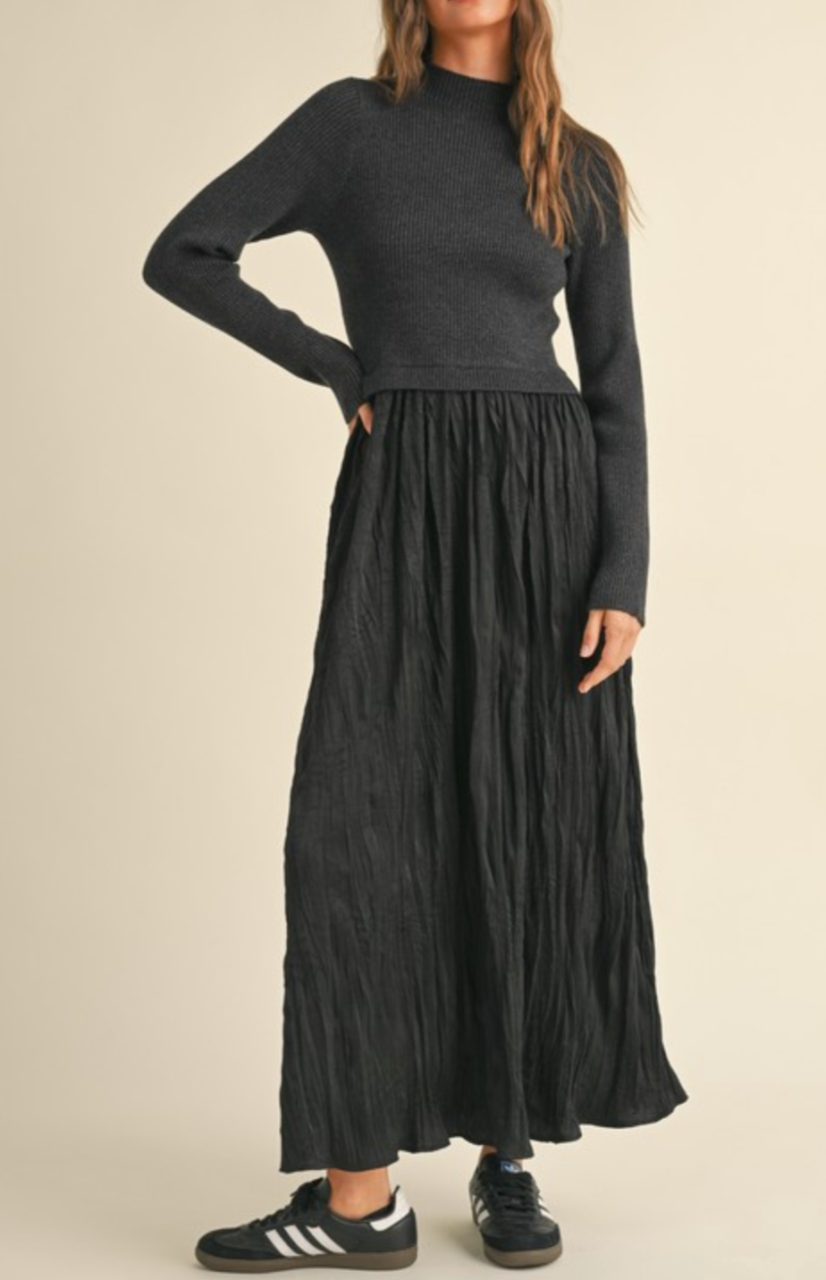 Sweater Combo Woven Dress - Black