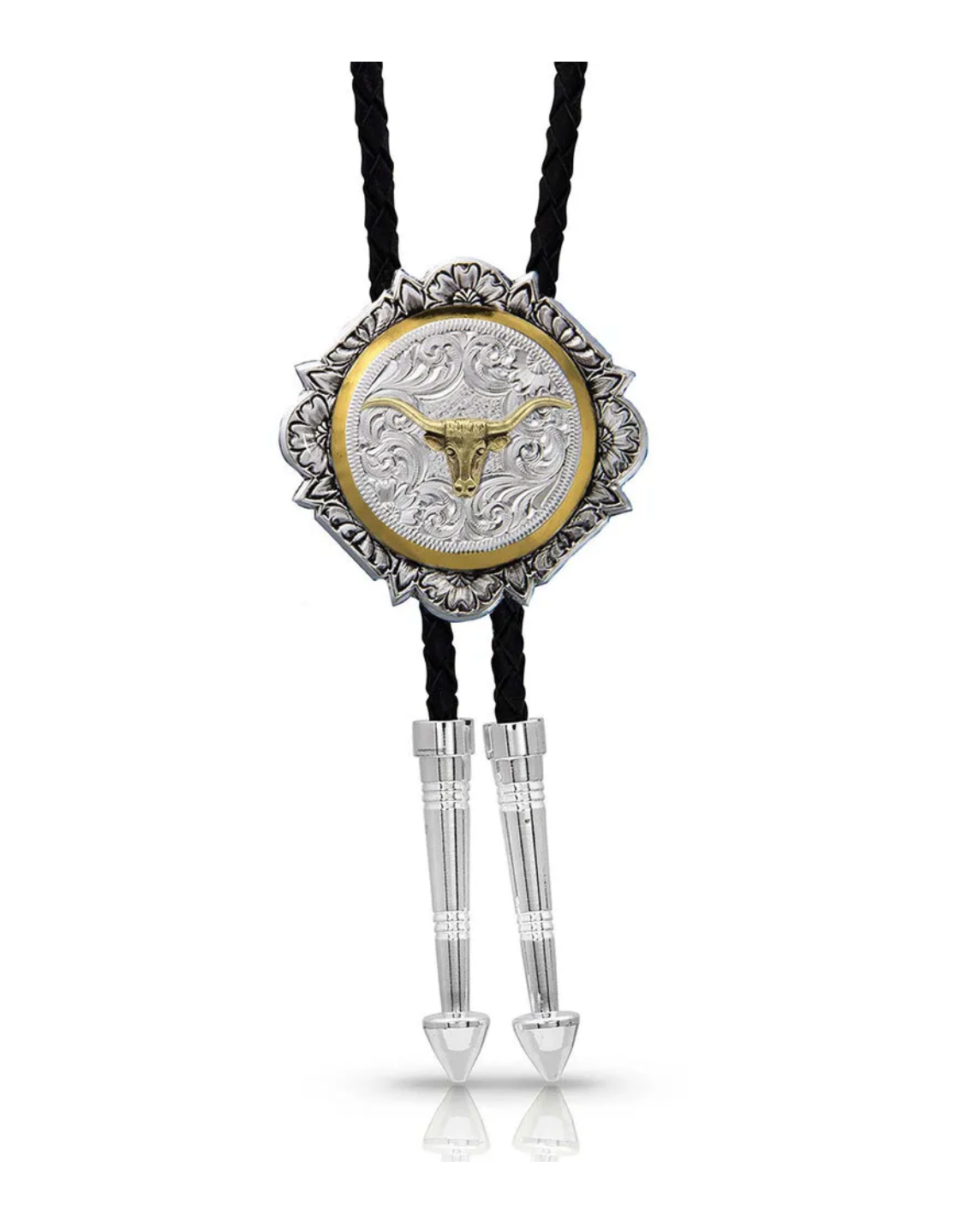 Silver and Gold Engraved Button Bolo Tie