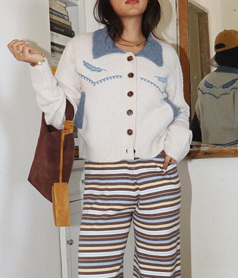 Feather Embroidered Cream Cardi