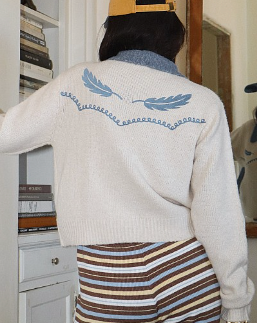 Feather Embroidered Cream Cardi