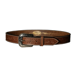 Brown leather belt with intricate designs and a silver buckle on a white background Becca Belt boltranchstore.com floral belt design