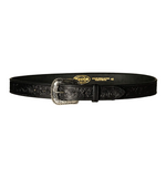 Black leather belt with intricate design and silver buckle on a white background floral design boltranchstore.com Bolt Ranch Store flowers belt Becca Belts