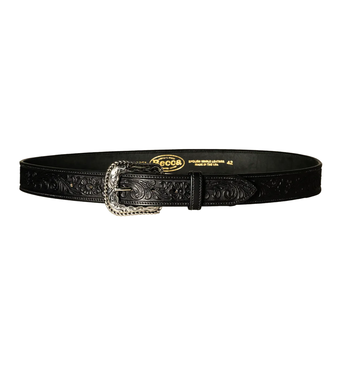 Black leather belt with intricate design and silver buckle on a white background floral design boltranchstore.com Bolt Ranch Store flowers belt Becca Belts