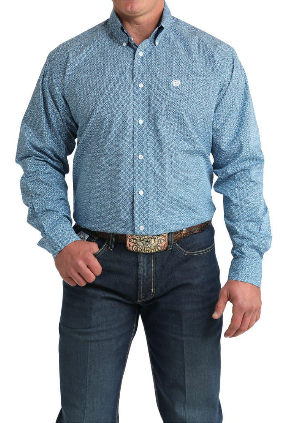 Man wearing a blue patterned shirt and dark jeans on a white background boltranchstore.com Bolt Ranch Store Blue pattern with blue base button up western cowboy shirt 100% cotton