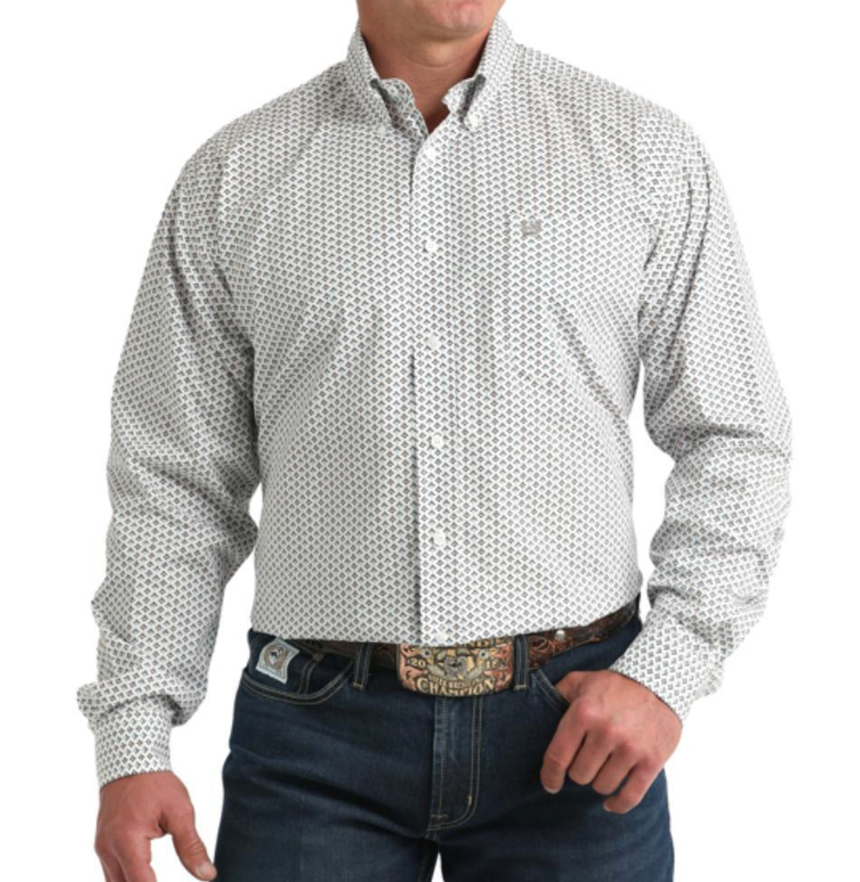 Man wearing a patterned white shirt with rolled-up sleeves and dark jeans on a white background white button up western cowboy shirt white with grey and blue pattern boltranchstore.com Bolt Ranch Store