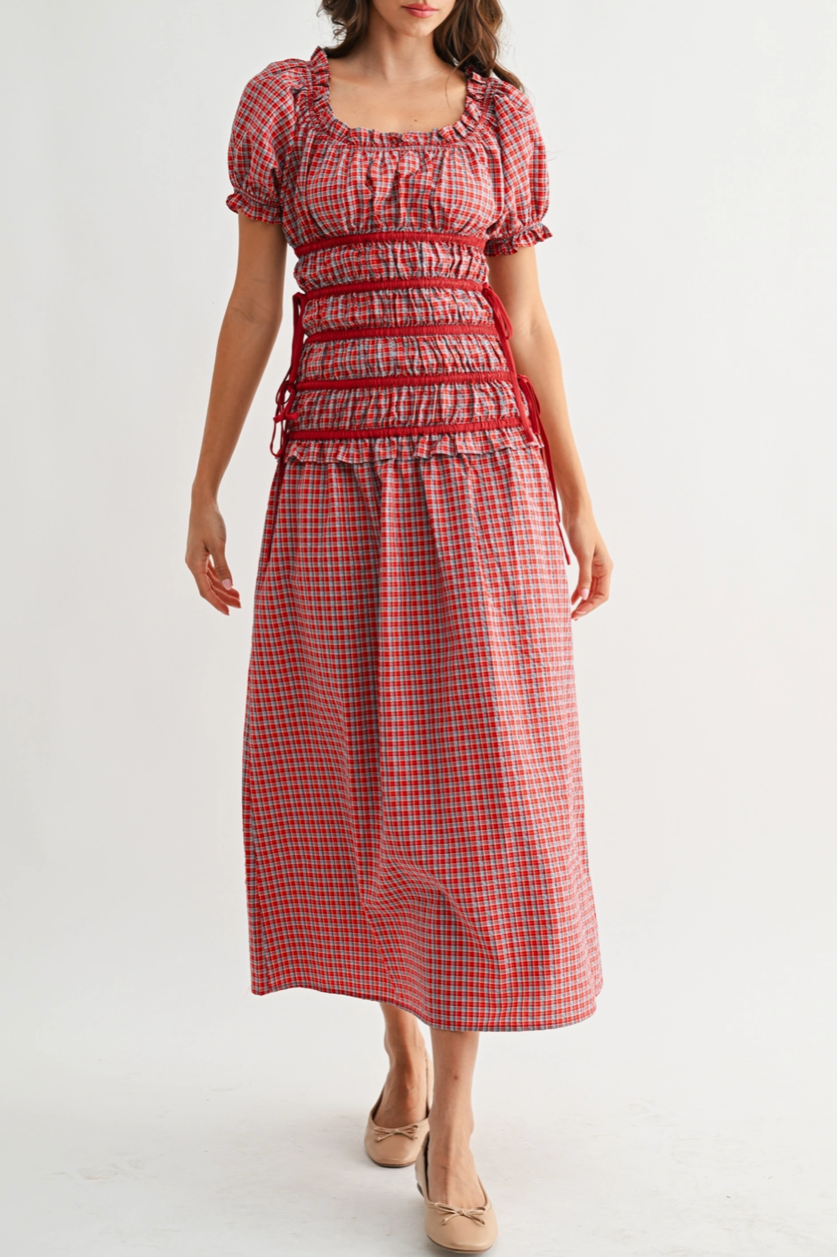 red and blue checkered gingham dress red ties and bows midi dress doen dupe boltranchstore.com Bolt Ranch Store Christmas dress off the shoulder poofy sleeve free shipping