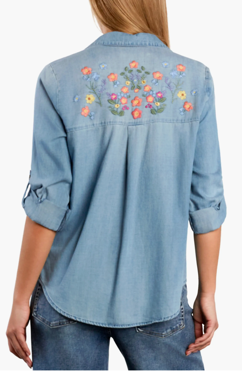 Billy T Summer Petal Embroidered Denim Shirt