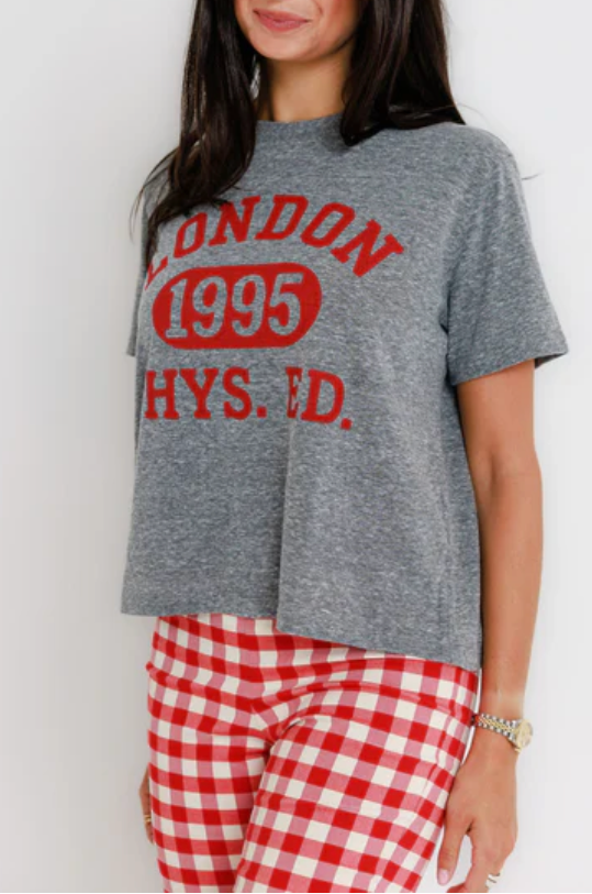 Grey London physical education 1995 t shirt with red writing sunny somewhere boltranchstore.com free shipping