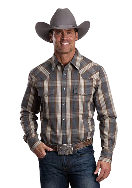 Stetson Heather Plaid Snap Shirt grey yarn dyed plaid western shirt with pearl snap front western clothing Utah cowboy SKU 1100104786098GY