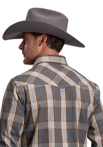 Stetson Heather Plaid Snap Shirt curved back yoke with snap flap chest pockets ranch wear Kamas Utah