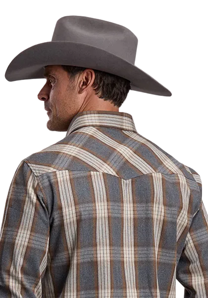 Stetson Heather Plaid Snap Shirt curved back yoke with snap flap chest pockets ranch wear Kamas Utah