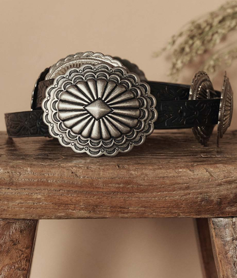 Stetson x The Great Tooled Leather Concho Belt in Black with Silver