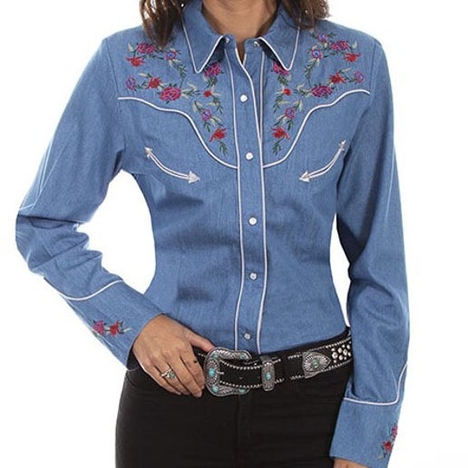 Scully Ladies Longhorn Emb Denim Western Shirt